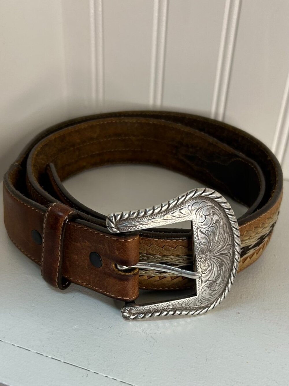 Tony Lama Aged Bark BADLANDS Leather & Horse Hair Belt Men’s Size 38